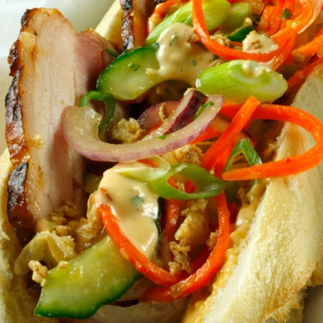 Baguette with Vietnamese pork belly and chilli mayonnaise