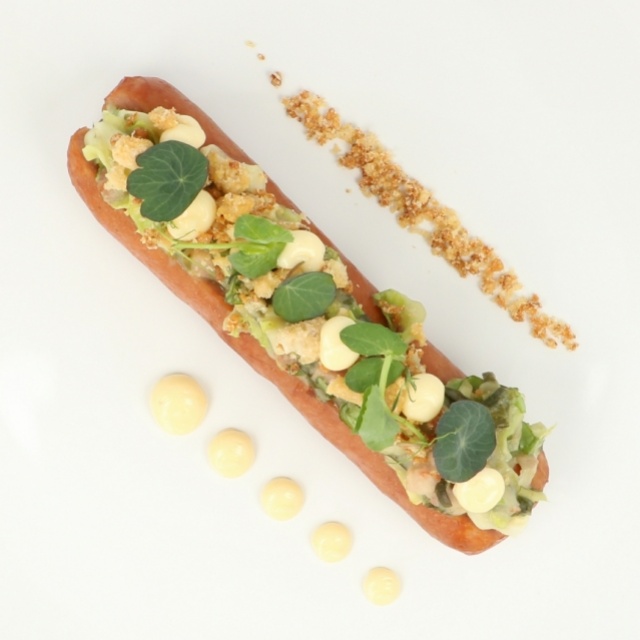 Smoked sausage “special” with endive hotchpotch and smoked garlic mayonnaise 