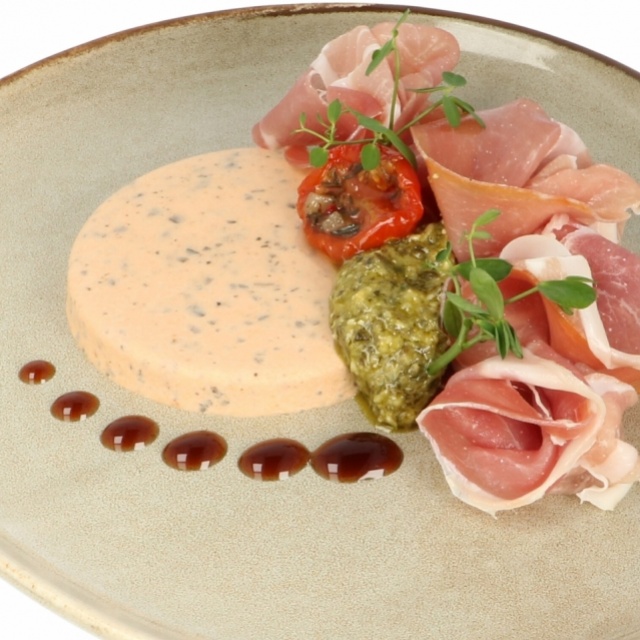 Tomato panna cotta with Parma ham