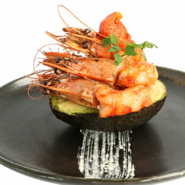 Tempura prawns with avocado and a wasabi dip 