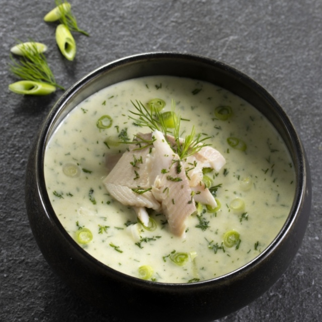 Chilled cucumber soup with trout and dill 