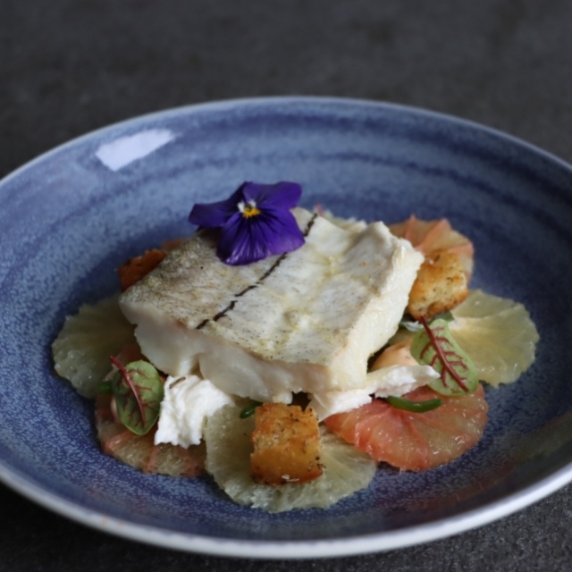 Carpaccio van grapefruit, gegrilde schelvis en Provençaalse kruiden