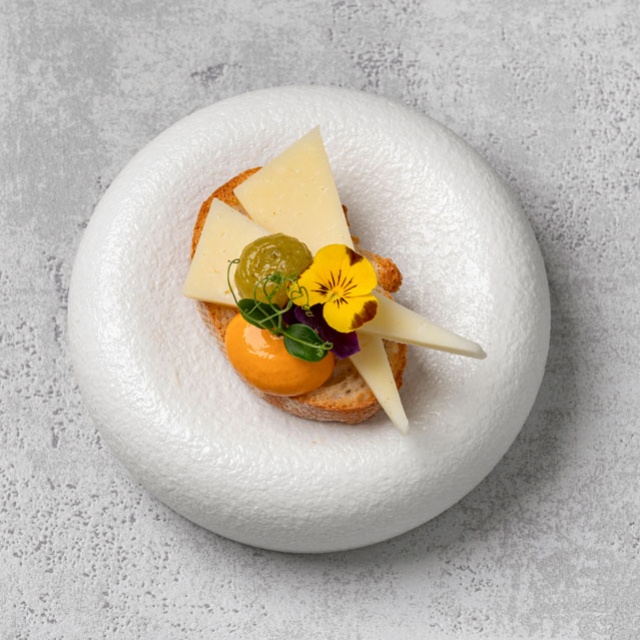Manchego with pickled gel and Chipotle Alioli