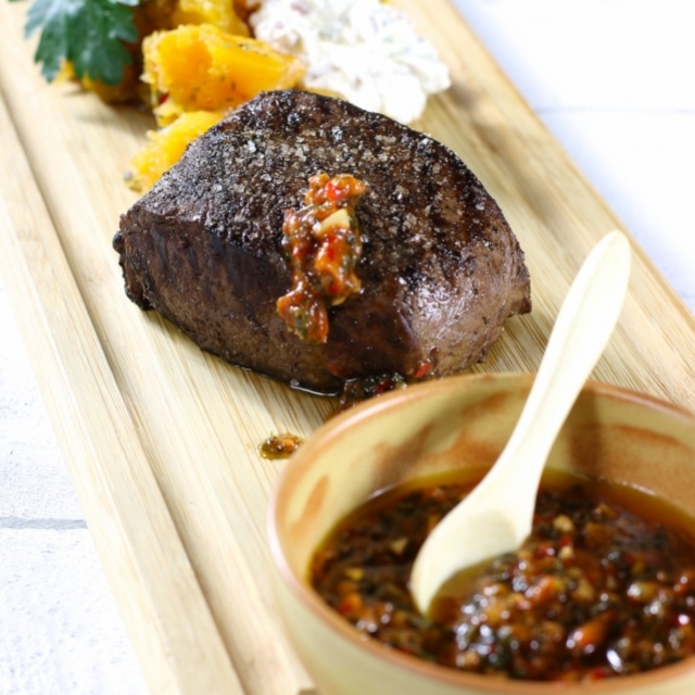 Venison steak with chimichurri and pumpkin