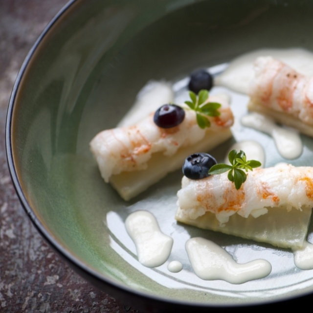 Langoustines with ajo blanco and blueberries